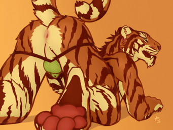 4_toes all_fours anthro anus backsack balls butt clothing ear_piercing feet fur genitals green_eyes jockstrap looking_at_viewer looking_back looking_back_at_viewer male mostly_nude multicolored_body multicolored_fur pawpads penis piercing presenting presenting_hindquarters raised_tail red_pawpads simple_background solo stripes tail toes underwear taj_(artist) felid mammal pantherine tiger 2015 4:3 digital_media_(artwork)