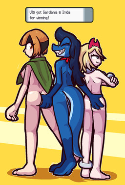 4_fingers 5_fingers anklet anthro big_butt blue_body blue_hair blue_penis blue_scales blush bracelet breasts brown_hair brown_pupils butt butt_grab cloak clothing eyes_closed eyewear female fingers gameplay_mechanics genitals glasses gloves_(marking) green_cloak green_clothing grey_eyewear grey_glasses grin group gym_leader hair hand_on_butt human_on_anthro interspecies jewelry kerchief long_hair looking_away looking_back male male/female markings mostly_nude nipples orange_eyes penis pouting pupils red_kerchief red_nipples scales sharp_teeth side_boob smile tan_body tan_skin teeth text text_box tiptoes trio ultilix nintendo pokemon gardenia_(pokemon) irida_(pokemon) ulti_(ultilix) human lizard mammal reptile scalie 2026 english_text hi_res