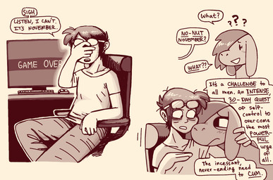 anthro blush blush_lines chair computer dialogue duo electronics eye_bags eyewear facepalm female female_anthro furniture glasses larger_anthro larger_female male male_human office_chair one_eye_obstructed question_mark semi-anthro size_difference smaller_human smaller_male talking_to_another text shyguy9 mythology no_nut_november no_nut_sabotage ginger_(shyguy9) guy_(shyguy9) dragon human mammal mythological_creature mythological_scalie scalie comic english_text hi_res meme