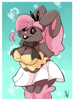 anthro big_breasts black_sclera border bottomwear breasts brown_body brown_fur buckteeth clothing female fur hair overweight pink_hair pokemon_clothing scarf simple_background skirt smile solo teeth white_border white_bottomwear white_clothing white_skirt hypnodoe nintendo pokemon nova_(hypnodoe) cutiefly generation_4_pokemon generation_7_pokemon lagomorph lopunny mammal pokemon_(species) ribombee shiny_pokemon 2026 hi_res