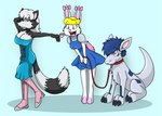 all_fours ambiguous_gender anthro biped black_nose blonde_hair blue_background blue_eyes blue_hair blue_markings boots breasts candy clothed clothing collar countershade_fur countershading dessert dress fangs female feral food footwear fur group hair leash lollipop markings nude open_mouth pink_eyes quadruped shoes simple_background sitting sitting_on_ground smile standing tail teeth tongue trio white_body white_fur white_hair fox0808 jill_(scotskunk) jyoumon_(scotskunk) milena_(scotskunk) lagomorph lemur leporid mammal primate rabbit strepsirrhine 2011 colored