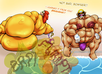 anthro big_nose bubble butt clothing dialogue erection erection_under_clothing fart fart_cloud fart_fetish farting_on_another farting_on_face farting_together farting_underwater flirting_expression flirting_look genitals group horn hybrid_genitalia hybrid_penis hyper hyper_genitalia logo looking_aside male muscular muscular_anthro muscular_male navel nipples open_mouth pecs penis pupils red_penis scales sitting sitting_in_water smile smirk submerged_legs tail teeth text trio underwater water white_body white_skin yellow_body xmbxfff12 mario_bros mythology nintendo bowser waluigi wario dragon human mammal mythological_creature mythological_scalie scalie absurd_res hi_res