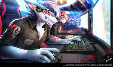 anthro black_body black_clothing black_fur black_shirt black_t-shirt black_topwear blue_body blue_eyes blue_fur blurred_background clothed clothing computer_keyboard computer_mouse duo electronics eyewear facial_markings fur gaming gaming_chair glowing_computer_keyboard goggles head_markings male markings monitor mouth_closed orange_body orange_fur playing_video_game red_sclera shirt sitting striped_body striped_face striped_fur stripes t-shirt teeth text topwear white_body white_fur yellow_eyes penguinexperience canid canine canis felid mammal pantherine tiger wolf 5:3 signature url