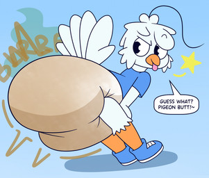 anthro beak bottomwear butt clothing crouching diaper excessive_feces feathers feces footwear hyper hyper_feces male pooping shirt shoes smelly smug sneakers soiling solo star stink_fumes stink_lines t-shirt tongue tongue_out topwear underwear white_body white_feathers nyxiettenyxstar nyx_(nyxiette) avian bird columbid pigeon hi_res