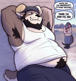 anthro armpit_hair beard belly belly_tuft body_hair clothed clothing dialogue duo facial_hair fully_clothed green_eyes horn male overweight shirt speech_bubble tank_top text topwear tuft gatto_gateau echo_(game) echo_(series) echo_project carl_hendricks flynn_moore bovid caprine lizard mammal reptile scalie sheep english_text hi_res