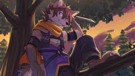 anthro black_bottomwear black_clothing black_nose black_pants blep bottomwear brown_body brown_fur brown_hair clothed clothing cloud dagger fur glistening glistening_eyes hair holding_dagger holding_melee_weapon holding_object holding_weapon in_tree looking_at_viewer male male_anthro melee_weapon messy_hair mouth_closed orange_sky outside pants plant purple_clothing purple_eyes purple_topwear short_hair sitting sky solo tongue tongue_out topwear tree weapon white_body white_fur kuttoyaki canid canine mammal 16:9 hi_res widescreen