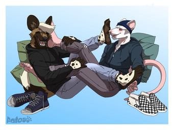 5_fingers 5_toes anthro barefoot beanie black_body black_clothing black_hoodie black_topwear blue_bottomwear blue_clothing border bottomwear brown_body brown_fur claws clothed clothing denim denim_bottomwear denim_clothing duo eyes_closed feet fingers foot_fetish foot_focus foot_on_face foot_play foot_sniffing footwear fur grey_clothing hair hat headgear headwear hoodie humanoid_feet humanoid_hands jeans laugh licking male male/male multicolored_body multicolored_fur open_mouth pants paws piercing pillow plantigrade red_eyes shoes simple_background sitting smile sniffing soles spots tail tan_body teeth tickling toe_claws toes tongue tongue_out topwear torn_bottomwear torn_clothing torn_pants white_body white_border white_fur patoso crassus_(hioty) african_wild_dog canid canine mammal marsupial murid murine rat rodent 4:3 hi_res