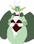 anthro big_breasts bow_(feature) bow_tie breasts bunny_costume cleavage clothed clothing costume crown curvy_figure dialogue fake_ears fake_rabbit_ears female fishnet_clothing forehead_gem gem gloves green_body green_scales handwear headgear huge_breasts lingerie non-mammal_breasts scales scar shirt_collar small_head solo teddy_(clothing) text thick_thighs voluptuous wide_hips wings averyshadydolphin mythology towergirls dragon_princess_iii dragon mythological_creature mythological_scalie scalie 2015 digital_media_(artwork) english_text hi_res portrait three-quarter_portrait