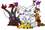 anthro breasts ear_tuft female fur group nipples tail tuft white_body white_fur unknown_artist bandai_namco digimon blackgatomon digimon_(species) felid gatomon mammal mikemon low_res