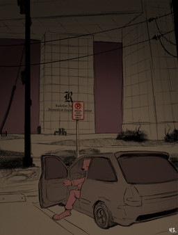 anthro building car clothed clothing comic_panel parking_lot power_lines road text vehicle conditional_dnp dacad tyler_(dacad) domestic_ferret mammal mustelid musteline true_musteline weasel comic english_text hi_res restricted_palette