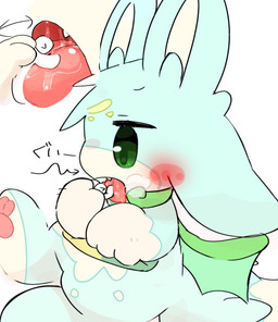 anthro blush bodily_fluids extreme_size_difference green_eyes holding_character hugging_tongue larger_anthro mouth_play on_tongue pawpads pink_pawpads saliva size_difference smaller_human teal_body tongue white_inner_ear melmoku anon human mammal hi_res