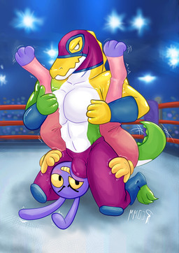 bicolor_fur big_breasts breasts bulge bulge_frottage bulge_in_face bulge_rubbing clothing dominant dominant_male duo feet fighting_pose fighting_ring foot_fetish gloves handwear long_tail male male/male mask pose purple_body shaking tail trembling wearing_mask wrestling glitch_productions the_amazing_digital_circus gummigoo_(tadc) jax_(tadc) crocodile crocodilian humanoid lagomorph leporid mammal rabbit reptile scalie absurd_res hi_res