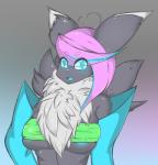 2017 ahoge alternate_color anthro areola arm_warmers armwear bandai_namco big_breasts black_body black_fur blue_eyes blue_hair blue_nipples breasts canid canine clothing digimon digimon_(species) fan_character female fluffbug fluffy fur glowing glowing_eyes grey_body grey_fur hair happy mammal markings midriff multicolored_hair nipple_slip nipples open_mouth pandora_(fluffbug) pink_hair renamon smile solo topwear tube_top