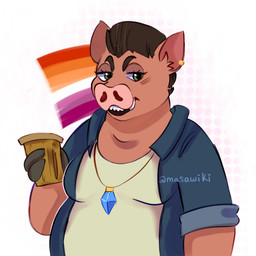 anthro breasts brown_hair clothed clothing cloven_hooves container cup denim denim_clothing denim_jacket denim_topwear ear_piercing female gem_necklace hair holding_container holding_cup holding_object hooves jacket lesbian_pride_colors lgbt_pride looking_at_viewer piercing pink_body pride_colors simple_background slightly_chubby slightly_chubby_female solo topwear tusks white_background white_undershirt masawiki mating_season_(series) alex_(mating_season) mammal suid suine sus_(pig) wild_boar 2026 colored digital_drawing_(artwork) digital_media_(artwork) half-length_portrait hi_res portrait signature