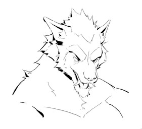 anthro empty_eyes eyebrows front_view fur furrowed_eyebrows hair looking_at_viewer male open_mouth overbite pointy_ears simple_background snout solo thick_eyebrows tusks white_background kingarthur_i canid mammal 2024 black_and_white bust_portrait digital_drawing_(artwork) digital_media_(artwork) hi_res line_art monochrome portrait