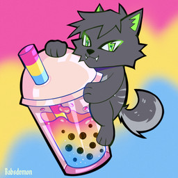 anthro beverage bubble_tea fur green_ears green_eyes grey_body grey_fur grey_tail lgbt_pride male pansexual_pride_colors pride_colors solo tail babsdemon spirit_shadow canid canine canis mammal wolf 1:1 hi_res
