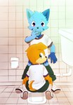 anthro bathroom clothed clothing detailed_background duo hands_on_mouth looking_at_viewer male male/male naturally_censored partially_clothed shy sitting squat_toilet toilet toilet_paper young young_anthro young_on_young hazumazu hachirow haziq_(hazumazu) canid canine canis domestic_dog mammal 2016