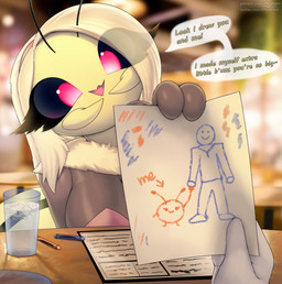 antennae_(anatomy) anthro black_sclera blonde_hair blurred_background breasts crayon dialogue drawing_(object) eyelashes female female_anthro female_focus first_person_view hair looking_at_viewer mandibles non-mammal_breasts open_mouth pink_eyes solo_focus speech_bubble talking_to_viewer text thousandfoldfeathers blossom_(thousandfoldfeathers) arthropod bee hymenopteran insect 2025 absurd_res digital_media_(artwork) english_text hi_res url