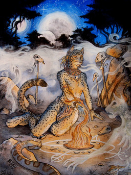 anklet anthro armlet bodypaint bone bottomwear bracelet breasts campfire choker clothed clothing ear_piercing ear_ring facial_horn facial_piercing fangs featureless_breasts female feral fire firelight fog group horn jewelry kneeling leaf light loincloth looking_down magic magic_circle magic_user markings moon moonlight necklace night nose_horn orange_eyes outside piercing plant pupils ring_piercing rock scale_markings scales shadow shaman skull sky slit_pupils solo_focus spots spotted_body spotted_markings spotted_tail star starry_sky stick striped_markings striped_tail stripes tail tail_markings teeth topless tree tribal tribal_spellcaster 0laffson cheetah felid feline ghost mammal reptile scalie snake spirit 2014 hi_res mixed_media painting_(artwork) pen_(artwork) signature traditional_media_(artwork) traditional_painting_(artwork) traditional_watercolor_(artwork) watercolor_(artwork)