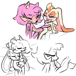 after_sex alternate_species anthro bite biting_lip blush bodily_fluids breasts cum cum_inflated_belly cum_inflation cum_inside duo eyes_closed female genital_fluids genitals gynomorph gynomorph/female head_tuft inflation intersex intersex/female loli long_ears nude nude_female nude_gynomorph one_eye_closed oral orgasm penis pink_body simple_background tail tail_coil tail_wrapped_around_body tan_body tuft white_background young thousandarms sega sonic_the_hedgehog_(series) amy_rose cream_the_rabbit domestic_cat felid feline felis lagomorph leporid mammal rabbit 1:1 absurd_res hi_res