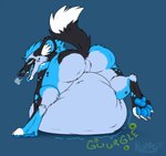 anthro belly big_belly big_butt black_body black_fur black_spots blue_background blue_body blue_fur blue_hair blue_pawpads blue_spots bodily_noises breath butt claws death digestion digitigrade extended_sound_effect fangs fatal_vore featureless_crotch fur hair inner_ear_fluff looking_back male male_pred markings multicolored_body multicolored_fur null onomatopoeia panting pawpads paws rear_view rumbling_stomach simple_background solo sound_effect_variant sound_effects spots spotted_body spotted_fur tail teeth text tongue tongue_out tuft vore white_body white_fur kuppy radar_(thetwfz) african_wild_dog canid canine mammal 2021 hi_res