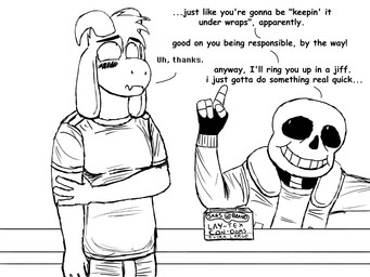 anthro blush bone buying buying_condoms clothing dialogue duo embarrassed horn looking_away male skeleton text komododad deltarune undertale undertale_(series) asriel_dreemurr sans_(undertale) animated_skeleton boss_monster_(undertale) bovid caprine goat humanoid mammal undead 2025 4:3 black_and_white comic english_text hi_res monochrome