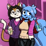 5_fingers anthro anthro_on_anthro arm_around_another beverage big_breasts black_body black_bottomwear black_clothing black_eyes black_fur black_hair black_nose black_pants blue_body blue_eyes blue_fur blue_hair bottomwear breasts brown_body brown_fur buckteeth clothed clothing countershading cute_fangs dipstick_tail duo female fingers fluffy fluffy_tail fully_clothed fur hair holding_beverage holding_object holding_smoothie interspecies jacket latex latex_bottomwear latex_clothing latex_pants looking_at_viewer looking_away looking_up male male/female markings open_clothing open_jacket open_mouth open_topwear outside pants pink_clothing pink_jacket pink_shirt pink_topwear pupils purple_clothing purple_jacket purple_topwear red_clothing red_eyes red_jacket red_topwear romantic romantic_couple shirt smile smirk tail tail_markings tan_clothing tan_shirt tan_topwear teeth topwear white_body white_fur white_inner_ear white_tail_tip felino lettuce_(latexia) peter_(felino) domestic_cat felid feline felis mammal rodent sciurid tree_squirrel 1:1 2022 hi_res