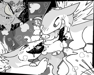 ambiguous_gender balls blush bodily_fluids erection feral foreskin fur genitals group hair humanoid_genitalia humanoid_penis internal male male/ambiguous open_mouth oral partially_inside pawpads paws penis saliva sideways_oral simple_background size_difference speech_bubble teeth text tongue tongue_out trio vore backsash nintendo pokemon pokemon_legends_arceus canid canine generation_2_pokemon generation_8_pokemon hisuian_form hisuian_typhlosion hisuian_zorua mammal pokemon_(species) regional_form_(pokemon) typhlosion 2022 black_and_white digital_media_(artwork) japanese_text microsoft_paint_(artwork) monochrome