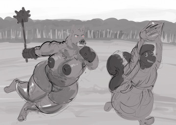 action_pose angry anthro areola big_breasts biped breasts cloven_hooves duo female female_anthro genitals hooves huge_breasts humanoid_genitalia humanoid_vulva innie_vulva inverted_nipples mace male melee_weapon mostly_nude_female nipples overweight overweight_anthro overweight_female pose red_eyes spiked_mace stealing thick_thighs tusks unguligrade vulva weapon doctordj jay_(doctordj) uloth mammal mephitid skunk suid suine sus_(pig) wild_boar hi_res