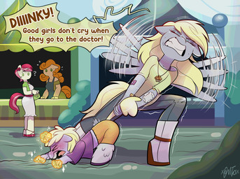 anthro band-aid bandage blush bottomwear clenched_teeth clothing denim denim_bottomwear denim_clothing duo eyebrows eyes_closed female flapping_wings glowing horn jeans jewelry magic necklace pants question_mark raised_eyebrow struggling stubborn teeth torn_bottomwear torn_clothing torn_jeans torn_pants wings xconitox friendship_is_magic hasbro my_little_pony mythology carrot_top_(mlp) derpy_hooves_(mlp) dinky_hooves_(mlp) rose_(mlp) earth_pony equid equine horse mammal mythological_creature mythological_equine pegasus pony unicorn hi_res