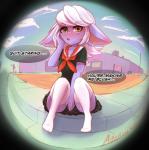 2019 alternate_costume amber_eyes asekeu asian_clothing blush bottomwear breasts clothed clothing covering covering_crotch covering_self dialogue digital_media_(artwork) east_asian_clothing english_text female hair humanoid humanoid_pointy_ears japanese_clothing japanese_school_uniform league_of_legends legwear long_ears looking_at_viewer open_mouth pose purple_body purple_skin riot_games school_uniform serafuku short_stack sitting skirt solo stockings street text thigh_highs tristana_(lol) uniform white_hair yordle