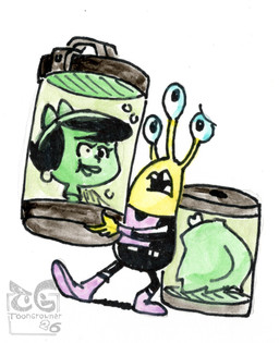 3_eyes ambiguous_gender black_hair butt clothed clothing container decapitation duo female hair head_in_a_jar headless jar multi_eye severed_body_part severed_head soft_gore teeth toongrowner hanna-barbera the_flintstones betty_rubble alien human humanoid mammal hi_res painting_(artwork) watercolor_(artwork)
