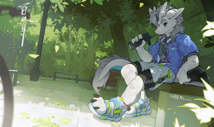 anthro beverage clothed clothing detailed_background footwear fur holding_beverage holding_object horn male plant shoes sitting sneakers solo tree meiyazai mythology dragon furred_dragon furred_scalie mythological_creature mythological_scalie scalie hi_res