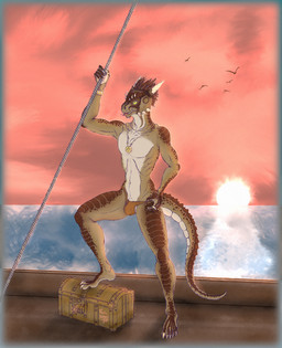 anthro bedroom_eyes bracelet bulge claws feathers holding_object horn jewelry male narrowed_eyes necklace ring rope scales sea seductive ship solo sunset teasing tongue tongue_out vehicle water watercraft psychomittens microsoft the_elder_scrolls javill argonian reptile scalie hi_res