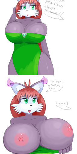 anthro big_breasts breasts female flashing flashing_breasts green_eyes hair huge_breasts inner_ear_fluff nipples open_mouth red_hair simple_background solo text tuft cactuscacti minda_(cactuscacti) domestic_cat felid feline felis mammal english_text hi_res