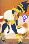 anthro bent_over blue_hair bob_cut clothing egyptian egyptian_clothing eyeliner feet female fur hair hand_on_hip humanoid_feet jewelry kalasiris looking_back magic_lamp makeup markings necklace orange_background pawpads plantigrade question_mark short_hair simple_background soles solo standing striped_markings striped_tail stripes tail tail_markings uraeus usekh yellow_body yellow_fur idkuroi animal_crossing nintendo ankha_(animal_crossing) domestic_cat felid feline felis mammal hi_res