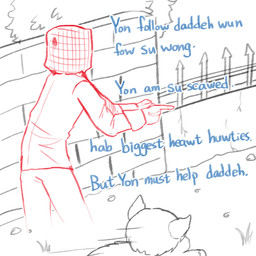 ambiguous_feral ambiguous_gender baby_talk clothed clothed_human clothing dialogue duo fence feral fully_clothed gesture grass hair hand_gesture mask outside plant pointing rear_view rock running standing text wall_(structure) young young_ambiguous young_feral yellowcottoncandy030 fluffy_pony fluffy_pony_(species) human mammal 1:1 2025 comic digital_media_(artwork) english_text hi_res partially_colored