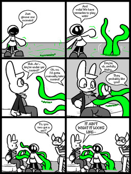 2_horns 4_fingers anthro apron apron_only balls barefoot barely_visible_genitalia barely_visible_penis big_balls big_penis blush bottomwear buckteeth clothing dialogue feet fingers genitals group horn imminent_sex imminent_tentacle_sex inside jacket kerchief long_sleeves magic male motion_lines mouthless no_pupils onomatopoeia open_mouth pants penis shirt sound_effects teeth tentacle_in_clothing tentacles text topwear trio ultilix leo_the_magician to-be-named-later wes_(ultilix) demon lagomorph leporid mammal rabbit shadow_creature 2025 comic english_text greyscale monochrome multiple_scenes spot_color