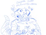 anthro breast_squish breasts dialogue female flower piercing plant solo squish text tongue tongue_out tongue_piercing discodemon agamid bearded_dragon lizard reptile scalie 2022 4:3 blue_and_white english_text hi_res monochrome sketch