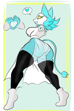 anthro apron big_breasts blue_hair bodysuit boots breasts butt butt_focus clothing electrical_plug female footwear fur gloves hair handwear heart_symbol legwear posing_suggestive shoes skinsuit smile solo speech_bubble thigh_highs tight_clothing yellow_body yellow_fur ferichx deltarune undertale_(series) tasque_manager domestic_cat felid feline felis mammal 2:3 digital_media_(artwork) hi_res