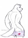 2017 alexyorim anthro boxers_(clothing) butt canid canine canis clothing hi_res looking_back male mammal purple_clothing purple_eyes purple_underwear simple_background solo traditional_media_(artwork) underwear white_background wolf