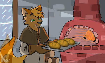 anthro appliance baker baking biped black_nose blep blonde_hair brown_clothing clothing cookie cooking fire fluffy fluffy_tail food fur furnace gloves green_eyes hair handwear holding_object holding_tray inside kitchen_appliance log looking_at_food looking_at_object male motion_lines open_mouth orange_body orange_fur orange_tail oven shirt solo stone_wall tail tail_motion tailwag tongue tongue_out topwear tray tunic wall_(structure) window wood kangwolf microsoft minecraft mojang xbox_game_studios canid canine fox mammal 2020 5:3 character_request crossover digital_drawing_(artwork) digital_media_(artwork) hi_res pixel_(artwork) signature