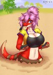 2020 anthro big_breasts breasts cleavage clothed clothing complextree damsel_in_distress dinosaur dromaeosaurid female hi_res midriff mud peril quicksand rayce_(kmn) reptile scalie sinking solo tail theropod trapped wide_hips