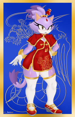 accessory anthro black_nose blue_background border breasts clothing eyelashes female footwear forehead_gem gem gloves hair hair_accessory hairband hand_on_hip hand_on_own_hip handwear legwear looking_at_viewer multicolored_body navel navel_outline purple_body purple_ears purple_hair purple_tail red_clothing red_footwear red_gem red_hairband red_robe red_shoes robe shoes simple_background small_breasts solo tail tan_inner_ear text thick_thighs thigh_highs three-quarter_view two_tone_body white_body white_clothing white_gloves white_handwear white_legwear white_thigh_highs yellow_border yellow_eyes g_sense lunar_new_year sega sonic_the_hedgehog_(series) blaze_the_cat domestic_cat felid feline felis mammal 2026 artist_name colored digital_media_(artwork) hi_res shaded