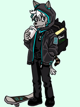 backpack beverage clothed clothing cute_fangs fangs fur grey_body grey_eyes grey_fur hair jewelry looking_at_viewer male necklace simple_background skateboard solo teeth vehicle white_hair a_king canid canine canis mammal 3:4 character_request hi_res