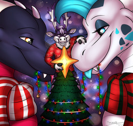 anthro eyes_closed feral fur group holidays lights plant snow tongue tongue_out toony tree trio winter staffkira2891 tanzanite christmas european_mythology mythology bunsen deer dragon mammal mythological_creature mythological_scalie new_world_deer reindeer scalie western_dragon absurd_res hi_res