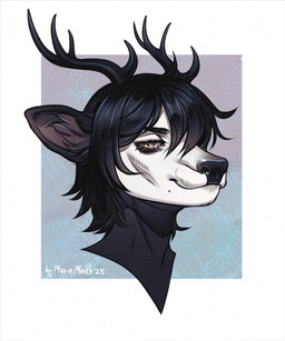 anthro antlers black_antlers black_body black_fur black_hair black_nose eyelashes fur glistening glistening_eyes hair horn looking_at_viewer male male_anthro mouth_closed narrowed_eyes orange_eyes simple_background solo white_body white_fur marie_merkh deer mammal 2025 absurd_res dated hi_res signature