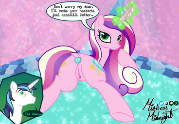 animal_genitalia animal_vulva anus bedroom butt buttplug clitoral_winking clitoris cutie_mark dialogue disguise dock_(anatomy) duo equine_anus equine_genitalia equine_vulva female feral genitals horn imminent_sex looking_back lying magic male mind_control on_front on_model plug_(sex_toy) presenting presenting_hindquarters puffy_anus sex_toy simple_background speech_bubble tail tail_aside text vulva wings mistressmidnight friendship_is_magic hasbro my_little_pony mythology princess_cadance_(mlp) queen_chrysalis_(mlp) shining_armor_(mlp) changeling_(mlp) equid equine horse mammal mythological_creature mythological_equine pony unicorn winged_unicorn english_text hi_res