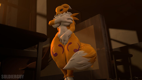 big_breasts black_sclera blue_eyes breasts covering covering_breasts covering_crotch covering_self embarrassed embarrassing_nudity female huge_breasts huge_thighs nude overweight slightly_chubby solo tail thick_thighs yellow_body soldierguy warfaremachine_(modeler) bandai_namco digimon warfare_renamon digimon_(species) renamon 16:9 3d_(artwork) 4k absurd_res digital_media_(artwork) hi_res source_filmmaker_(artwork) widescreen