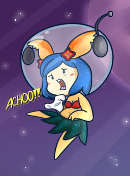 2_fingers accessory anthro arms_bent beady_eyes black_eyebrows black_eyes blue_hair bottomwear bra breasts cheek_spots cleavage clothed clothed_anthro clothed_female clothing ear_tuft eyebrows featureless_legs female female_anthro fingers floating flower flower_in_hair fully_clothed fully_clothed_anthro fully_clothed_female fur green_bottomwear green_clothing green_skirt hair hair_accessory holding_tissue light medium_hair midriff noseless open_mouth pink_tongue planet plant red_bra red_clothing red_flower red_underwear skirt sneeze solo space space_helmet star tan_body tan_fur teeth tongue tuft underwear yelling cookieboy011 drawn_to_life kamalah canid canine mammal raposa 2019 colored digital_drawing_(artwork) digital_media_(artwork) english_description hi_res lighting shaded